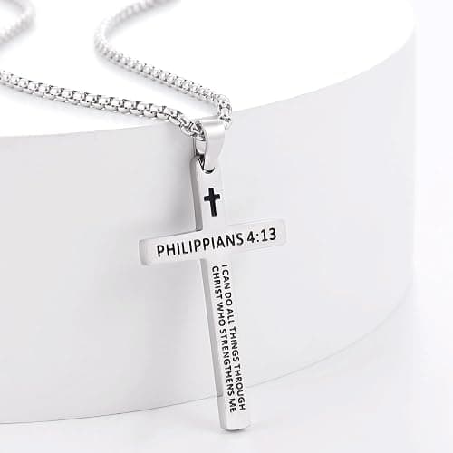 Fiusem Bible Verse Cross Necklace for Men, Stainless Steel Mens Necklace, Black/Gold/Silver Tone Cross Pendant for Men thumbnail 5