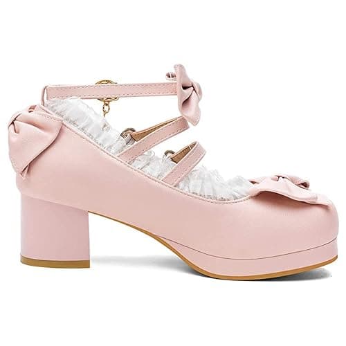 LUXMAX Women Cute Shoes Kawaii Pumps Mid Block Heel Mary Janes Platform Sweet Cosplay Dress Shoes Strappy Ankle Strap Pumps with Bow - 8.5 - Pink thumbnail 2
