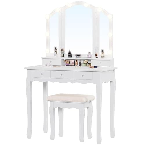 Tiptiper Vanity Table Set with Lighted Tri-Folding Mirror, Makeup Vanity with Lights & 3 Color Lighting Modes, Vanity Desk with Mirror and Cushioned Stool, Makeup Table with 5 Drawers, White thumbnail 8