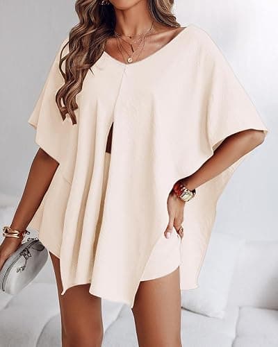 CHICME Women's 3 Piece Summer Outfits Off Shoulder Batwing Sleeve Tops with Bandeau and Skorts Sets Casual Vacation Outfit thumbnail 4