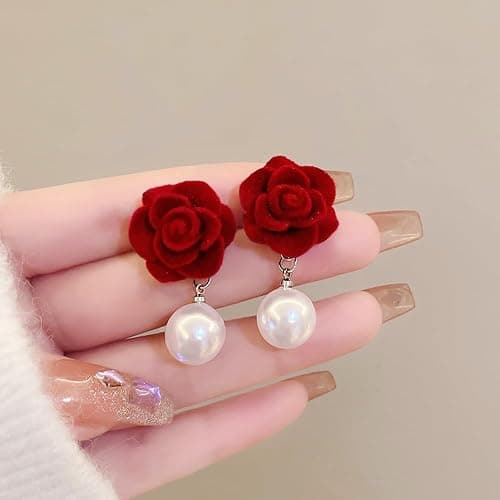 Elegant Floral Clip on Earrings for Women Vintage Red Velvet Rose Flower Pearl Dangle Earrings Non Pierced Plant Camellia Statement Earrings Jewelry thumbnail 3