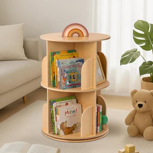 OOOK 2 Tier Rotating Bookshelf, Small Corner Bookshelf Floor Standing Wooden Narrow Bookcase Organizer for Kidsroom, Bedroom, Living Room thumbnail 2