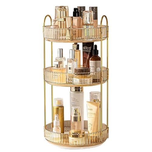 Makeup Organizer for Vanity, 360° Rotating Bathroom Organizer Countertop, High-Capacity Skincare Organizer, Spinning Cosmetics Organizer for Dresser Countertop (3 Tiers, Amber) - Image 1