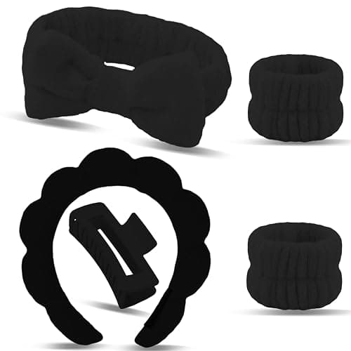 Canitor Sponge Spa Headbands Wristband Set with Hair Clips Skincare for Washing Face Non Slip Puffy Terry Cloth Makeup Headband Face Wash Wrist Bands Cute Trendy Stuff (black) thumbnail 8