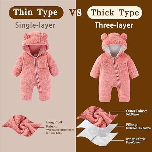 AiWMGL Newborn Baby Bear Outfit With Fold-Over Mittens and Footies Girls Boys Winter Fleece Clothes Hooded Romper Snowsuit thumbnail 3