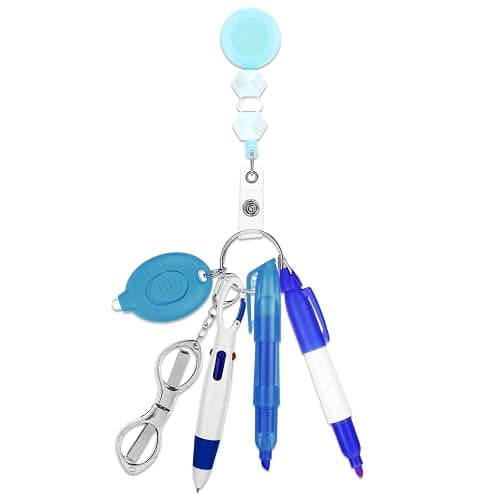 6 Pcs Nurse Pen Set, Nurse Badge Accessories, Retractable Badge Reel Clip with Mini LED Light Folding Scissors Highlighter Marker Multicolor Pen, Nursing Work Essentials Gift for Nurses Doctors Blue - Image 1