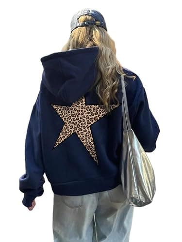 Pooyikoi Womens Oversized Leopard Star Graphic Hoodies Long Sleeve Hoodie Pullover Hooded Sweatshirt Aesthetic Hoodie - Image 1