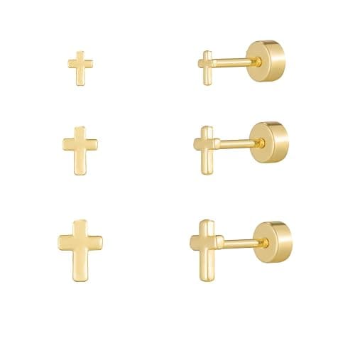 GUOKE 3 Pair Tiny Flat Back Earrings for Women - 14K Gold/White Gold Plated Cute Small Screw Flatback Stud Earring, Everyday Wear thumbnail 8