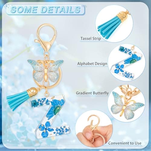 MWOOT Initial Letter Z Keychain Resin Alphabet Keyrings,Blue Petals Gold Foil Key Ring Charm with Butterfly Tassel Pendant,Kawaii Key Chain for Womens Gift Ideas Wallet Purse Bag Handbag Decor (Z) thumbnail 4