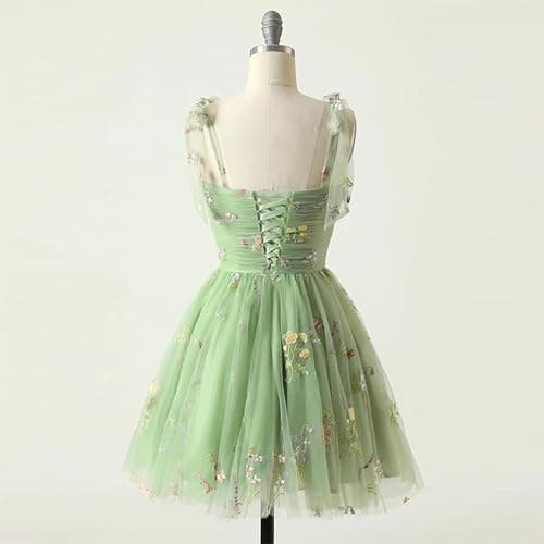 Women's Tie Strap Tulle Prom Dresses Sweetheart Flower Embroidery Dress Short Formal Party Mini Homecoming Dresses thumbnail 5