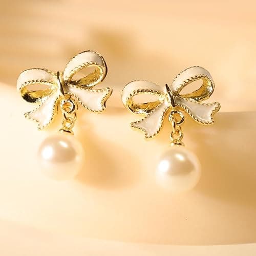 Gold Bow Earrings for Women, Long Tassel Chain Drop Earrings, Trendy Small Bow Earrings, Ribbon Waterfall Dangling Earrings, Pearl Bow Earrings, Sparkly Elegant Bowknot Preppy Jewelry Gifts for Women thumbnail 7