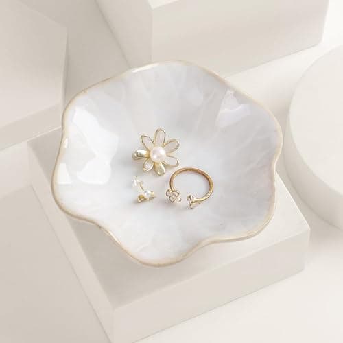 White Ceramic Jewelry Dish, Lotus Leaf-Shaped Trinket Tray and Ring Holder, Decorative Key Bowl, Elegant Home Decor Accent Piece (White) - Image 1