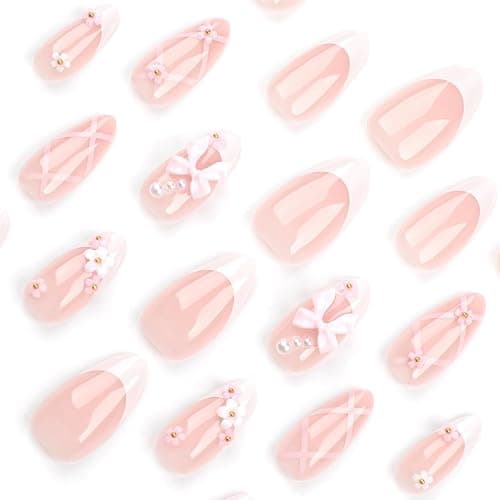 NEWSPIED French Press on Nails Medium Almond Fake Nails with 3D Flower Pink Bow Nails Design Glossy False Nails Valentines Cute Acrylic Nails White French Tip Glue on Nails for Women 24Pcs thumbnail 2
