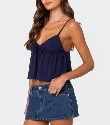 Cute Babydoll Tops for Women Spaghetti Strap V Neck Ruffle Tank Tops Summer Going Out Peplum Top thumbnail 2