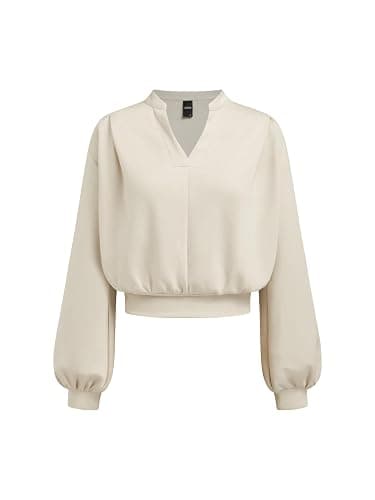 CIDER Womens V Neck Long Sleeve Crop Top Going Out Casual Loose Fit Sweatshirt Pullover - Image 1