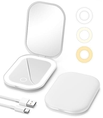 Gospire Lighted Travel Makeup Mirror with Light and Magnification 1X/3X, Stepless Dimming and Three-Color Adjustable Lights, Rechargeable Battery and Compact Size for Purse and Portable Use - White - Image 1