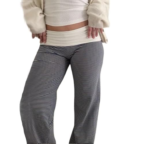 Women Y2k Fold Over Yoga Pants Colour Block Straight Leg Bottoms Low Rise Stretchy Lounge Trousers - Image 1