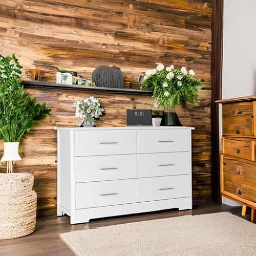 NEEEED THIS.    HOSTACK 6 Drawer Dresser, Modern White Double Dresser, Wide Chest of Drawers with Metal Handels, Accent Wood Storage Chest Organizers for Living Room, Hallway, Entryway (Trapezoid/White) thumbnail 5