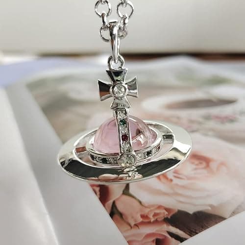 ZHAOZHAO Colorful Saturn Necklace for Women - Sky Star Saturn Planet Pendant with Crystals(Silver+Pink) thumbnail 4