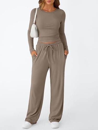 Trendy Queen Women's 2 Piece Matching Lounge Set Long Sleeve Slightly Crop Top Wide Leg Pants Casual Sweatsuit thumbnail 2