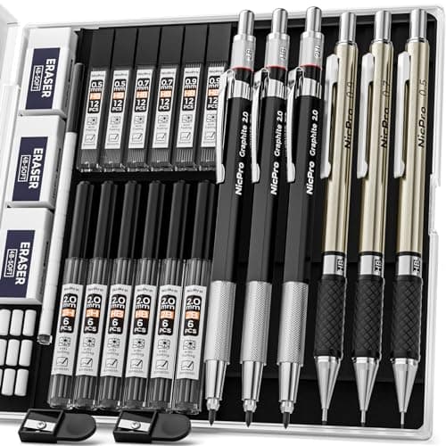 Nicpro 6PCS Art Mechanical Pencil Set, 3PCS Metal Drafting Pencil 0.5 mm & 0.7 mm & 0.9 mm & 3PCS 2mm Graphite Lead Holder (2B HB 2H) For Writing, Sketching Drawing With Lead Refills Case - Image 1
