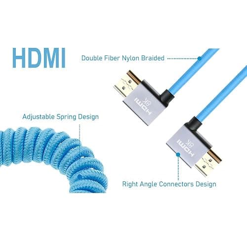 Uonecn 4K Coiled HDMI Cable for Camera HDMI Cable for Atomos Ninja V, Right Angle HDMI for Sony A7siii, Short HDMI Cord for Z-CAM F6, Z-Cam E2 Pro Cameras Blue thumbnail 2