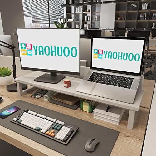 YAOHUOO Dual Monitor Stand Riser, 39Inch Large Monitor Stands for 2 Monitors, Computer Monitor Stand, Wooden Desktop Oraganizer Shelf for Office Desk Computer,Laptop,TV thumbnail 6