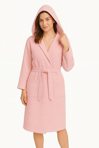 o-day Peignoir nid d'abeille pour femme et peignoir en coton avec capuche, poches et ceinture, léger et de voyage S-XXXL thumbnail 3