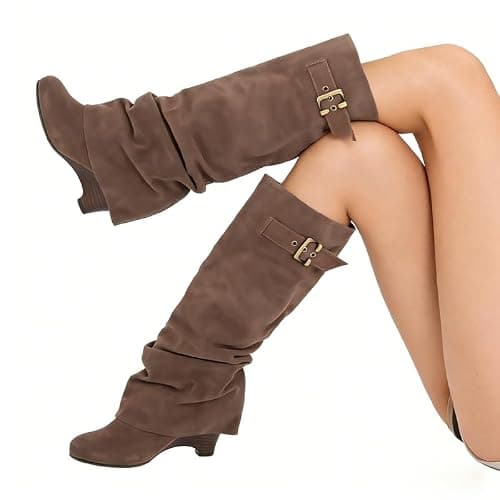 onlymakerheels Slouchy Wedge Suede Boots Fold Over Knee High Pull On High Heels thumbnail 5