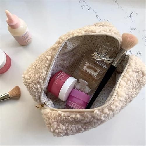 Cosmetic Bags for Women, Fleece Makeup bag Large Aesthetic Travel Toiletry bag Zipper Cosmetic Pouch for Purse Cute Floral Canvas Makeup Organizer Storage Bag Girls Case Bags (Soft Apricot) thumbnail 5