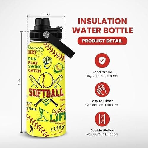 Softball Gift Water Bottle With Lid, 32oz Insulated Stainless Steel Sport Bottles - Softball Players Fan Coach thumbnail 3