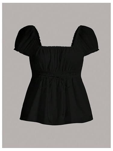 SOLY HUX Women's Short Sleeve Babydoll Tops Cute Summer Blouse | Peplum Top for Teen Girls, Square Neck, Lace Tops, Summer T Shirts thumbnail 4