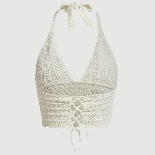 Naileksi Women Lace Up Backless Crochet Crop Halter Top Y2k Slim Fit Sleeveless V Neck Self Tie Back Knit Crop Cami Top thumbnail 7