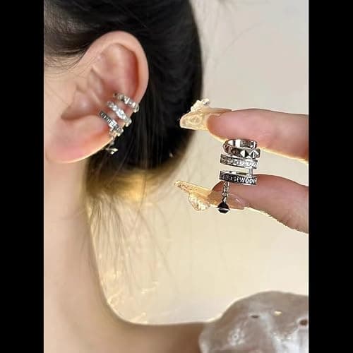 Three Circles Earrings of Saturn for Women - Zircon Saturn Earrings Ear Studs(Silver Black) thumbnail 5