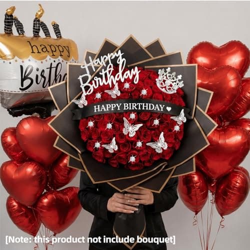DIY Birthday Flower Bouquet Accessories Includes 2 Inch x 10 Yards Glitter Happy Birthday Satin Ribbon, Bouquet Crown, Butterfly Decor and Rhinestone Flower Pins for Birthday Gifts (Happy Birthday) thumbnail 6