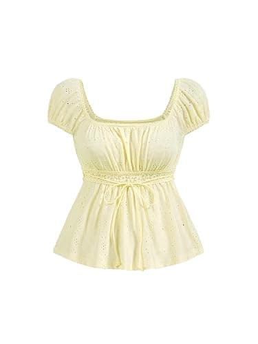 SOLY HUX Women's Short Sleeve Babydoll Tops Cute Summer Blouse | Peplum Top for Teen Girls, Square Neck, Lace Tops, Summer T Shirts - Image 1