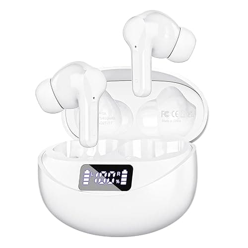 Bcaikair Wireless Earbuds, Bluetooth Headphones 5.3 HiFi Stereo, Wireless Earphones with ENC Noise Cancelling Mic, LED Digital Display in Ear Buds White