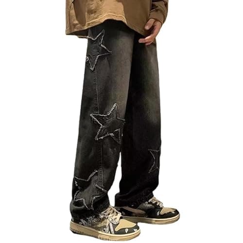 Grunge Baggy Jeans Y2K Emo Alt Cargo Pant Star Patchwork Fairycore Demin Cloting Jogger Hiphop Gothic Tripp Streetwear - Large - Black