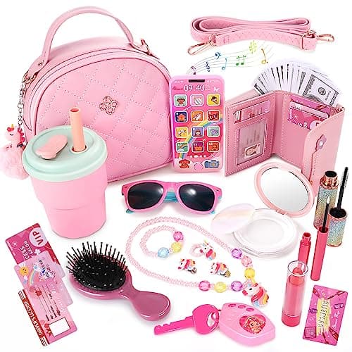 Little Girls Play Purse and Pretend Makeup Kit- 49PCS My First Purse Set Includes Handbag Phone Wallet Play Makeup Princess Jewelry Water Bottle, Pretend Play Gift Toys for Girls Toddlers Age 3+ - Image 1
