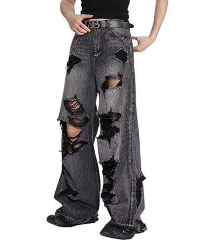 Lafaguw Baggy Jeans for Women Men Ripped Straight Leg Pants High Waisted Distressed Jeans Y2K Grunge Summer Clothes. - Medium - Black3 thumbnail 2
