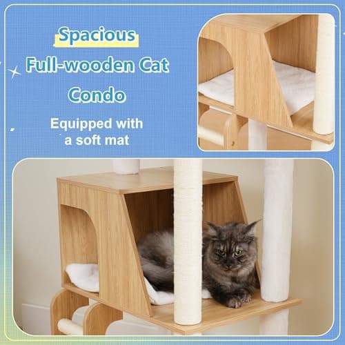 Hey-brother Wooden Cat Tree, 69.7 inch CatsFI urniture Tower with Large Platforms, Hammocks, Spacious Condo, Full Sisal Scratching Posts, Ladder, Brush, Water Proof Surface, White Oak MPJ121BT thumbnail 7