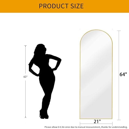 Dewfig Arched Full Length Mirror, 64"*21", Large Floor Mirror with Stand, Full Body Mirror Standing Mirror for Leaning or Hanging Bedroom, Living Room,Dressing Room, Aluminum Alloy Frame, Gold - Gold - 64"L x 21"W thumbnail 3