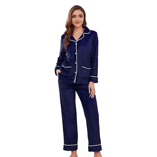 EK4YDNDS Women Fleece Pajama Set, Long Sleeve Button-Down Soft Comfy Two-Piece Sleepwear Lounge Set - Image 1