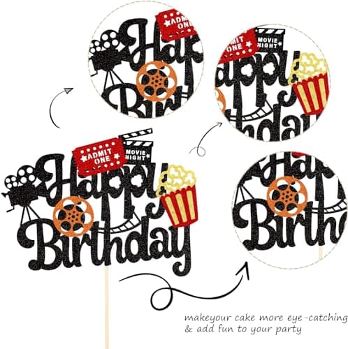 Confetti! Movie Night Cake Topper Happy Birthday Sign Cake Pick Decorations for Theater Video Recorder Roll Camera Popcorn Hollywood/Bollywood Theme Birthday Party Supplies thumbnail 3