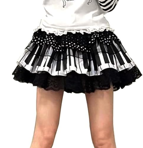 Mini Piano Skirt for Women Y2k Cute Trendy Harajuku Polka Dot Lace Lotus Skirts Vintage Black White Spliced Short Skirt - Image 1