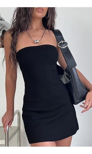 Cplkefv Womens Casual Tube Bodycon Dresses Sexy Ribbed Knit Strapless Homecoming Cocktail Party Mini Dress thumbnail 3