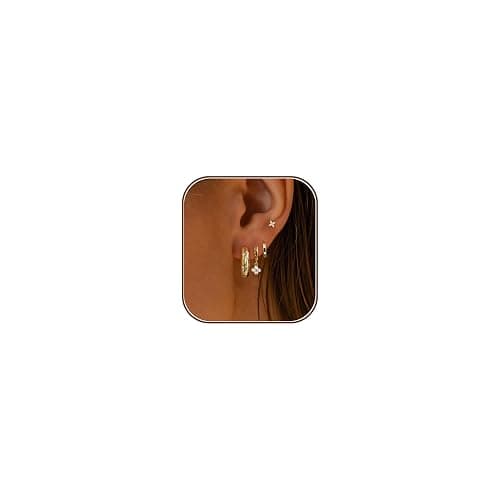 Voduim Earring Stacks for Women,Dainty 14k Gold Plated Chain Earrings Set Hypoallergenic Cute Small Huggie Hoop Earrings for Women Trendy Fashion Dangle Drop Earrings Summer Prom Jewelry Set - Image 1
