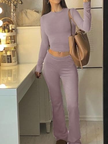 AYWA Women's 2 Piece Outfits Foldover Flare Pants Long Sleeve Crew Neck T-shirt Fitted Pajama Sets thumbnail 5