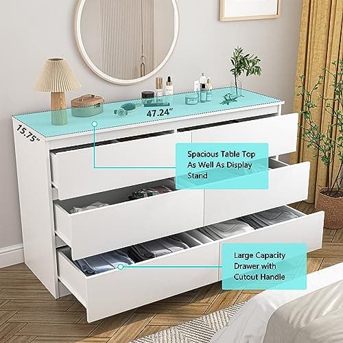 Vibe & Dine White Dresser 6 Drawer, Modern Double Dresser for Bedroom, Wood Chest of Drawers with Wide Storage for Living Room thumbnail 5