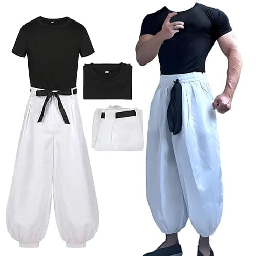 2PC Cosplay Costume Outfit White Pants Uniform Suit Black Top Full Set - Image 1